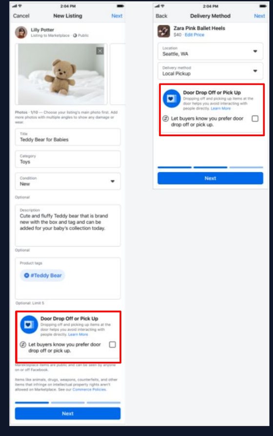 Listing composer and delivery method screens, with the new door exchange content outlined in red