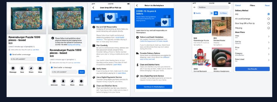 Four buyer-side screens: local product detail page, product detail with quick promotion, Marketplace feed, and feed filter