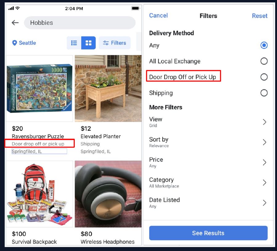 Marketplace feed and feed filter screens with the new delivery option outlined in red